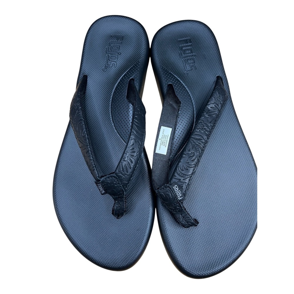 Flojos Women's Fiesta Black Floral Embossed Flip Flops/Thong Sandals - Sz 8